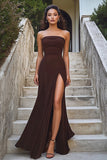 Mermaid Strapless Coffee Satin Formal Dress With Slit