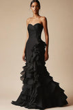 Mermaid Strapless Satin Black Tie Dress With Ruffles