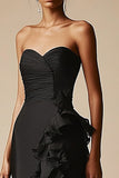 Mermaid Strapless Satin Black Tie Dress With Ruffles