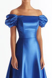 Off The Shoulder A Line Royal Blue Satin Formal Dress