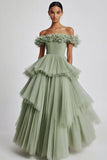 Off The Shoulder Dusty Dage A Line Tulle Prom Dress