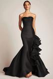 Strapless Mermaid Satin Black Tie Dress With Ruffles