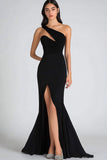 Mermaid One Shoulder Satin Black Tie Dress With Slit