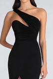 Mermaid One Shoulder Satin Black Tie Dress With Slit