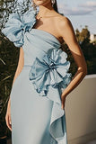 Sky Blue Mermaid One Shoulder Satin Prom Dress