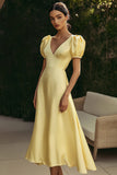 Yellow A Line Satin Simple Formal Dress
