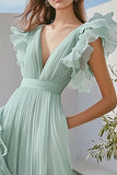 Light Green A Line Chiffon Formal Dress With Ruffles