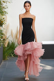 Mermaid Black Strapless Satin Prom Dress With Ruffles