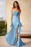 Strapless Sky Blue Satin Wedding Guest Dress With Slit