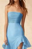 Strapless Sky Blue Satin Wedding Guest Dress With Slit