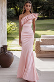 Mermaid Pink One Shoulder Satin Prom Dress