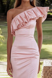 Mermaid Pink One Shoulder Satin Prom Dress