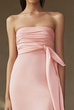 Strapless Pink Ruched Sheath Prom Dress