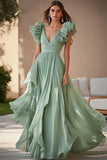Green Chiffon A Line Prom Dress With Ruffles