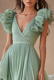 Green Chiffon A Line Prom Dress With Ruffles