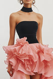Black Strapless A Line High-Low Prom Dress With Ruffles
