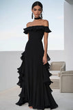 Off The Shoulder A Line Black Tie Dress With Ruffles