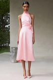 Pink A Line High Neck Ruched Tea Length Satin Formal Dress