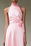 Pink A Line High Neck Ruched Tea Length Satin Formal Dress