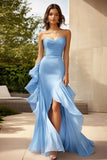 Mermaid Strapless Blue Prom Dress With Ruffles