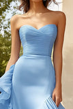Mermaid Strapless Blue Prom Dress With Ruffles