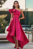 One Shoulder Hot Pink A Line Satin Prom Dress