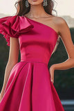 One Shoulder Hot Pink A Line Satin Prom Dress