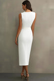 White Satin V-Neck Midi Formal Dress with Belt