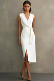 White Satin V-Neck Midi Formal Dress with Belt
