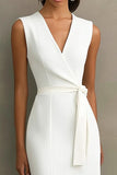White Satin V-Neck Midi Formal Dress with Belt