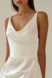 A Line Satin White V Neck Graduation Dress