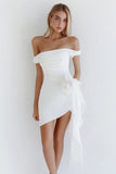 White Off the Shoulder Bodycon Graduation Dress with Flower