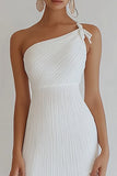 White Pleated One Shoulder Graduation Dress