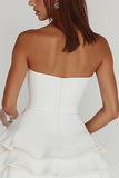 White Strapless A Line Tiered Matte Satin Graduation Dress