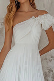 White One Shoulder Pleated A Line Chiffon Graduation Dress