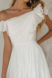 Off the Shoulder White A Line Pleated Chiffon Graduation Dress