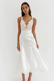 White Lace Satin Spaghetti Straps A Line Graduation Dress