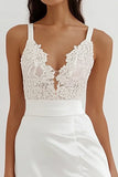 White Lace Satin Spaghetti Straps A Line Graduation Dress