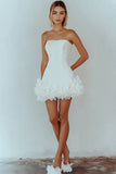 Strapless White A Line Satin Ruffles Short Graduation Dress