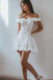 White Off The Shoulder A Line Ruffles Lace Short Graduation Dress