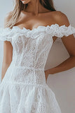 White Off The Shoulder A Line Ruffles Lace Short Graduation Dress