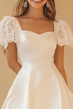 White A Line Lace Satin Graduation Dress with Short Sleeves