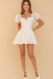 A Line White Short Sleeves Lace Short Graduation Dress
