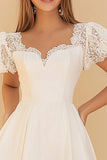 A Line White Short Sleeves Lace Short Graduation Dress