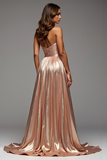 Glitter Champagne Strapless A Line Pleated Prom Dress with Slit