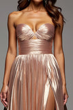 Glitter Champagne Strapless A Line Pleated Prom Dress with Slit