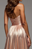 Glitter Champagne Strapless A Line Pleated Prom Dress with Slit