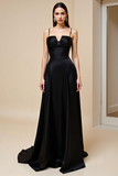 Satin Black A Line Spaghetti Straps Prom Dress