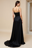 Satin Black A Line Spaghetti Straps Prom Dress