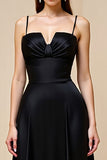 Satin Black A Line Spaghetti Straps Prom Dress